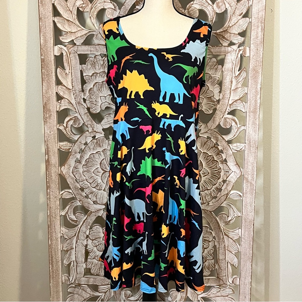 Black with Colorful Dinosaur Print Skater Dress - Picture 2 of 4